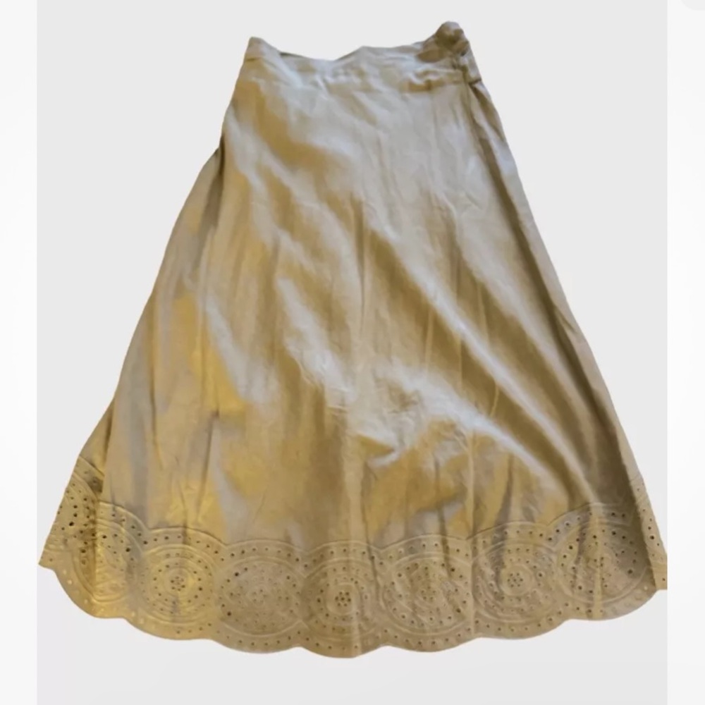 Jason Wu Embroidered Eyelet tan front ruffle handkerchief faux-wrap linen skirt - Picture 3 of 9